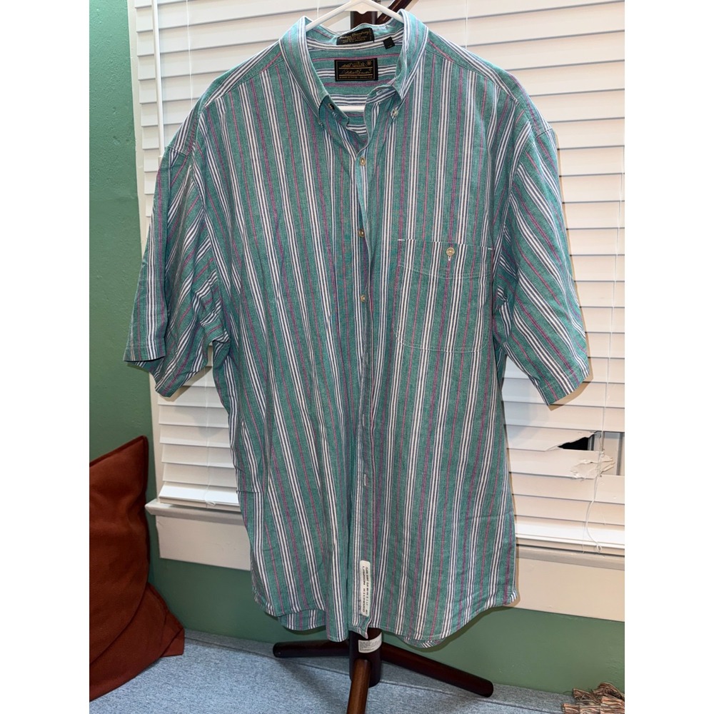 Eddie Bauer Indian Chambray XL Striped Short-Sleeve Button-Down Shirt, Vintage